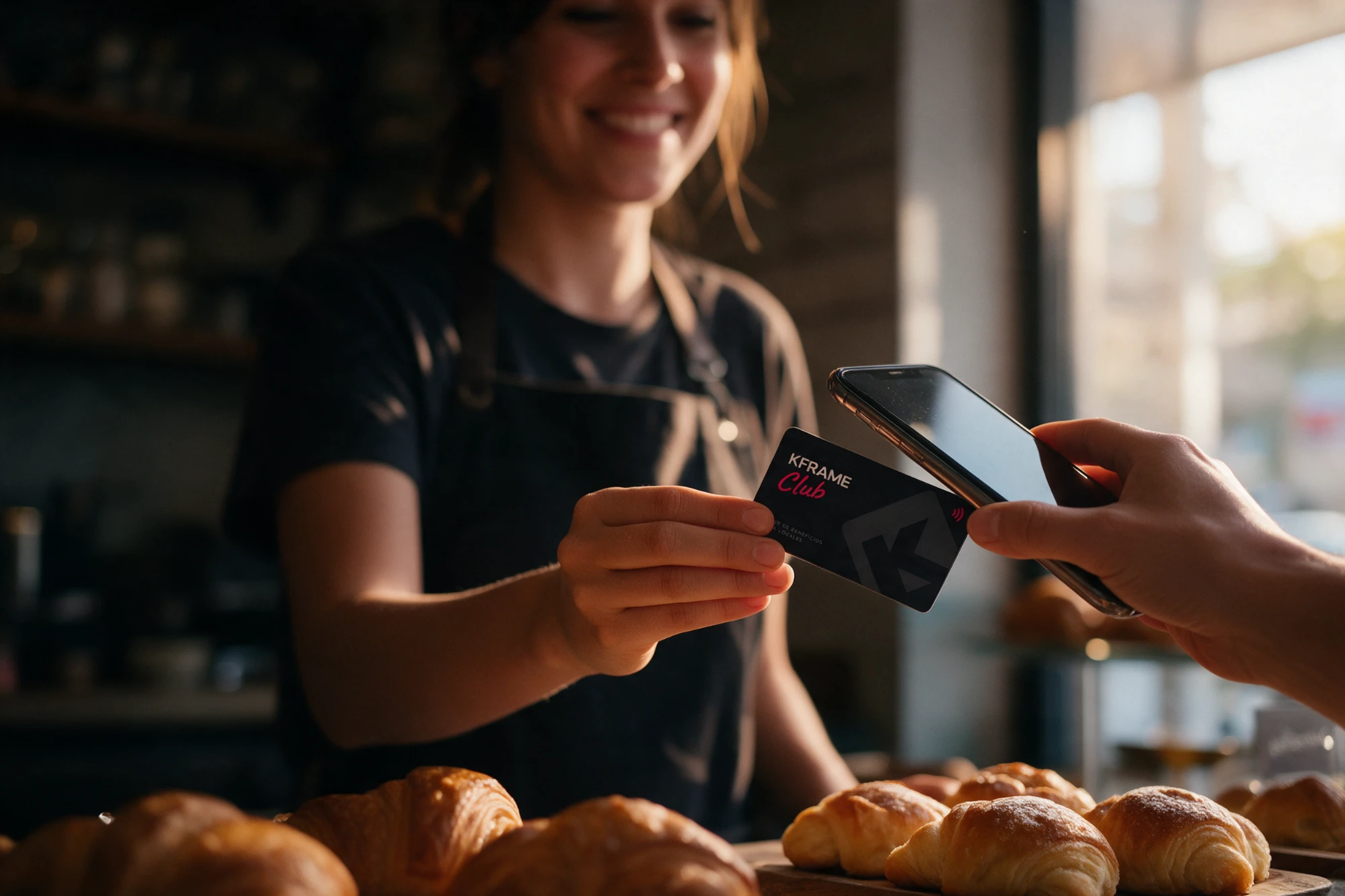 Una moza le acerca la tarjeta del club a un cliente, que la toca con el celular